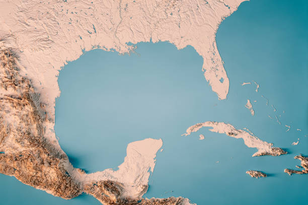 3D Render of a Topographic Map of the Gulf of Mexico. 
All source data is in the public domain.
Color texture: Made with Natural Earth.
http://www.naturalearthdata.com/downloads/10m-raster-data/10m-cross-blend-hypso/
Water texture: SRTM Water Body SWDB: https://dds.cr.usgs.gov/srtm/version2_1/SWBD/
Relief texture: GMTED 2010 data courtesy of USGS. URL of source image:
https://topotools.cr.usgs.gov/gmted_viewer/viewer.htm